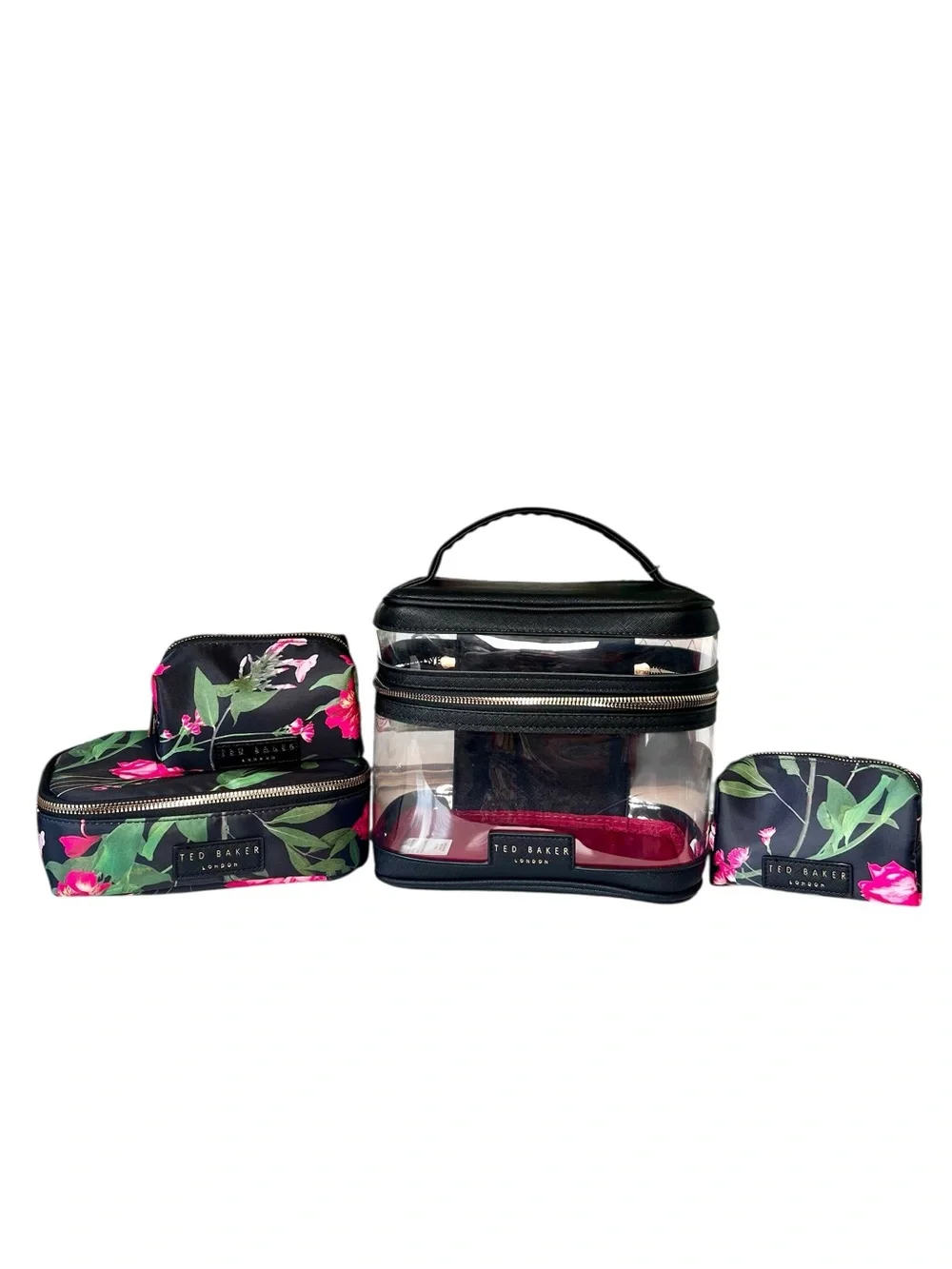 Ted Baker London 4 Piece Floral Travel Cosmetic Bag Set Clear Train Case NWT